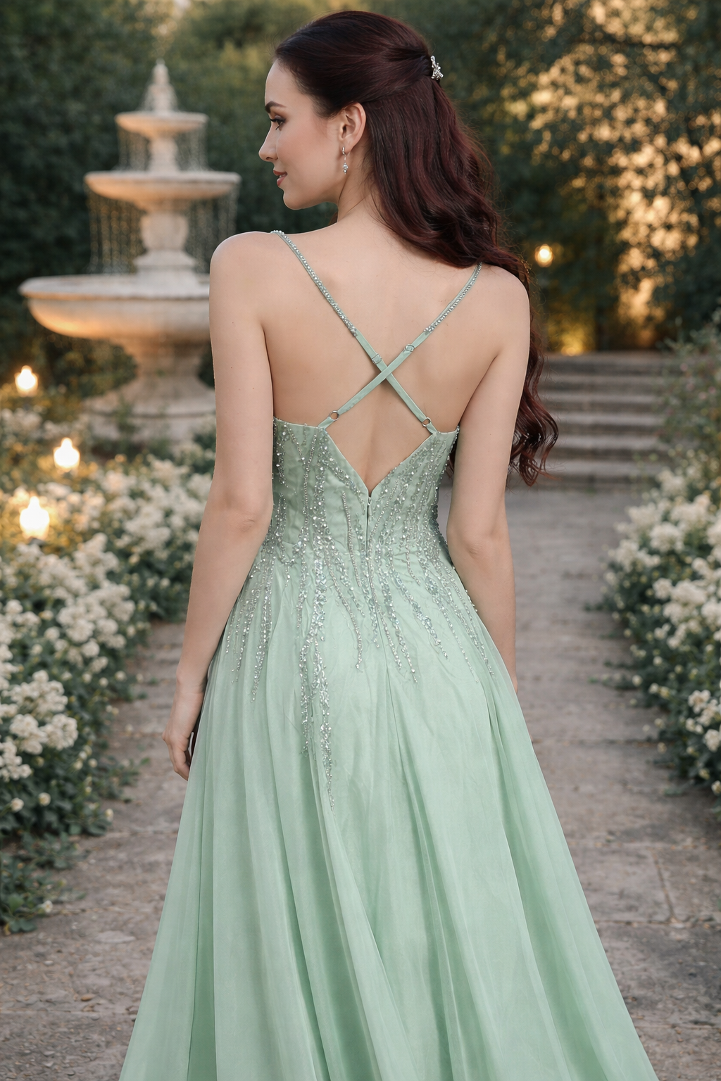 Mint Green A Line Dress With Glitter Sequined Bodice