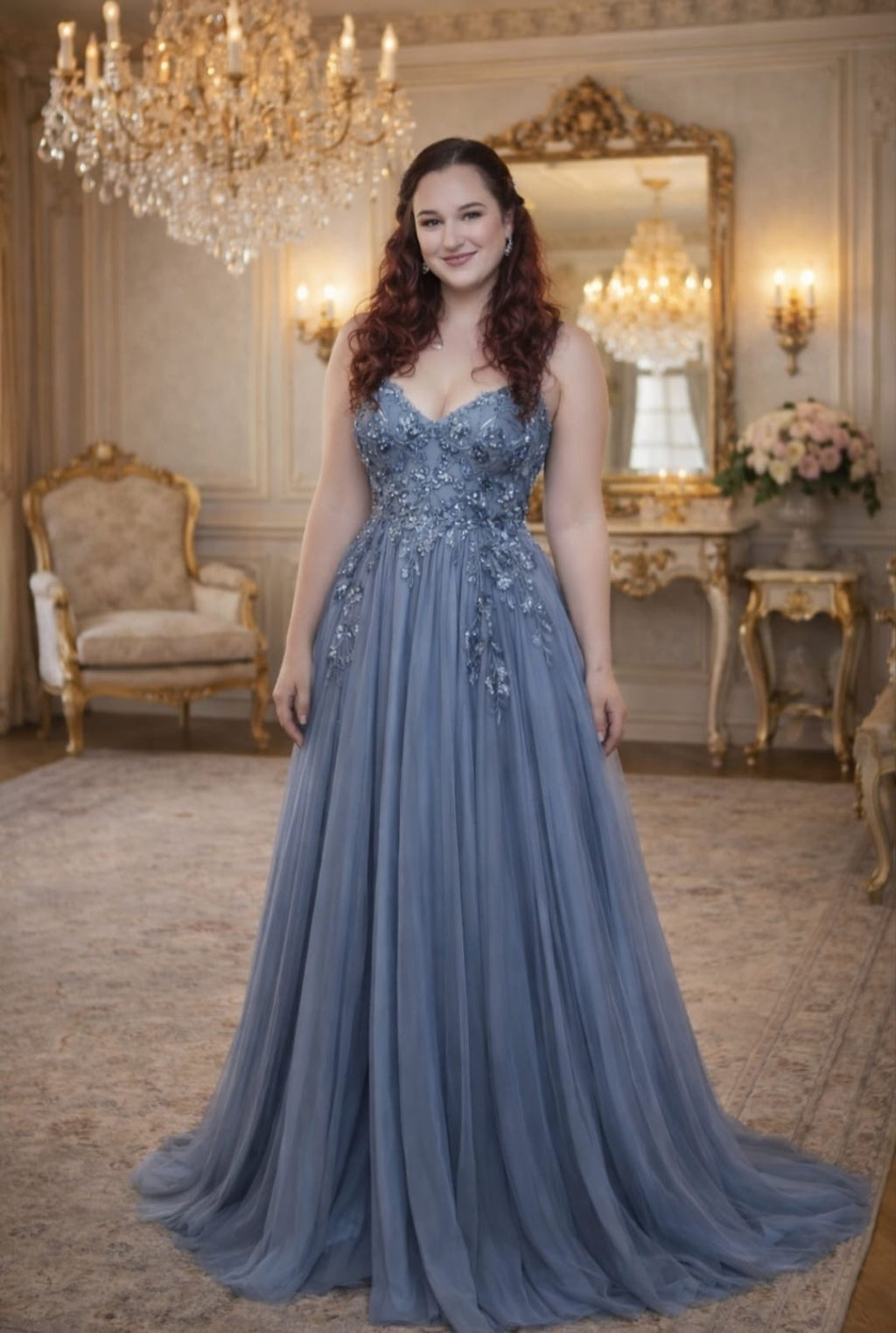 Blue A Line Tulle Dress With Sparkle Bodice