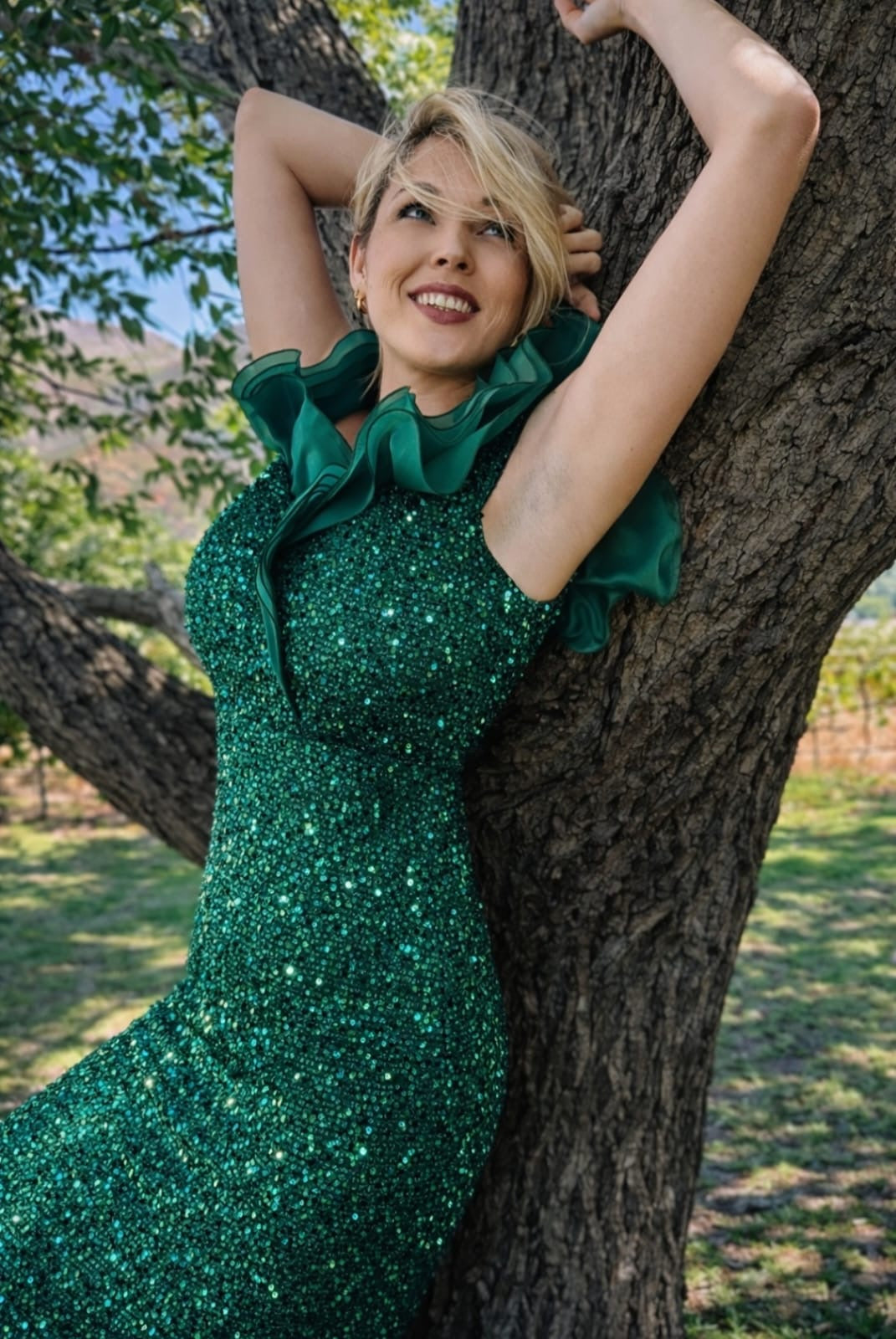 Emerald Green Sequence Slim Fit Off Shoulder Ruffled Detail
