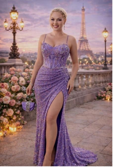 Lilac Sequence Slim Fit With Floral Bodice and Slit