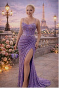 Lilac Sequence Slim Fit With Floral Bodice and Slit