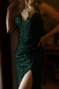 Emerald green sequence sparkle dress with slit and lace up back