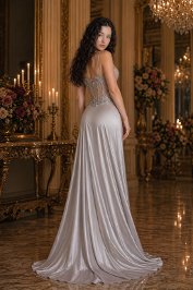 Silver Satin Dress With Lace Bodice