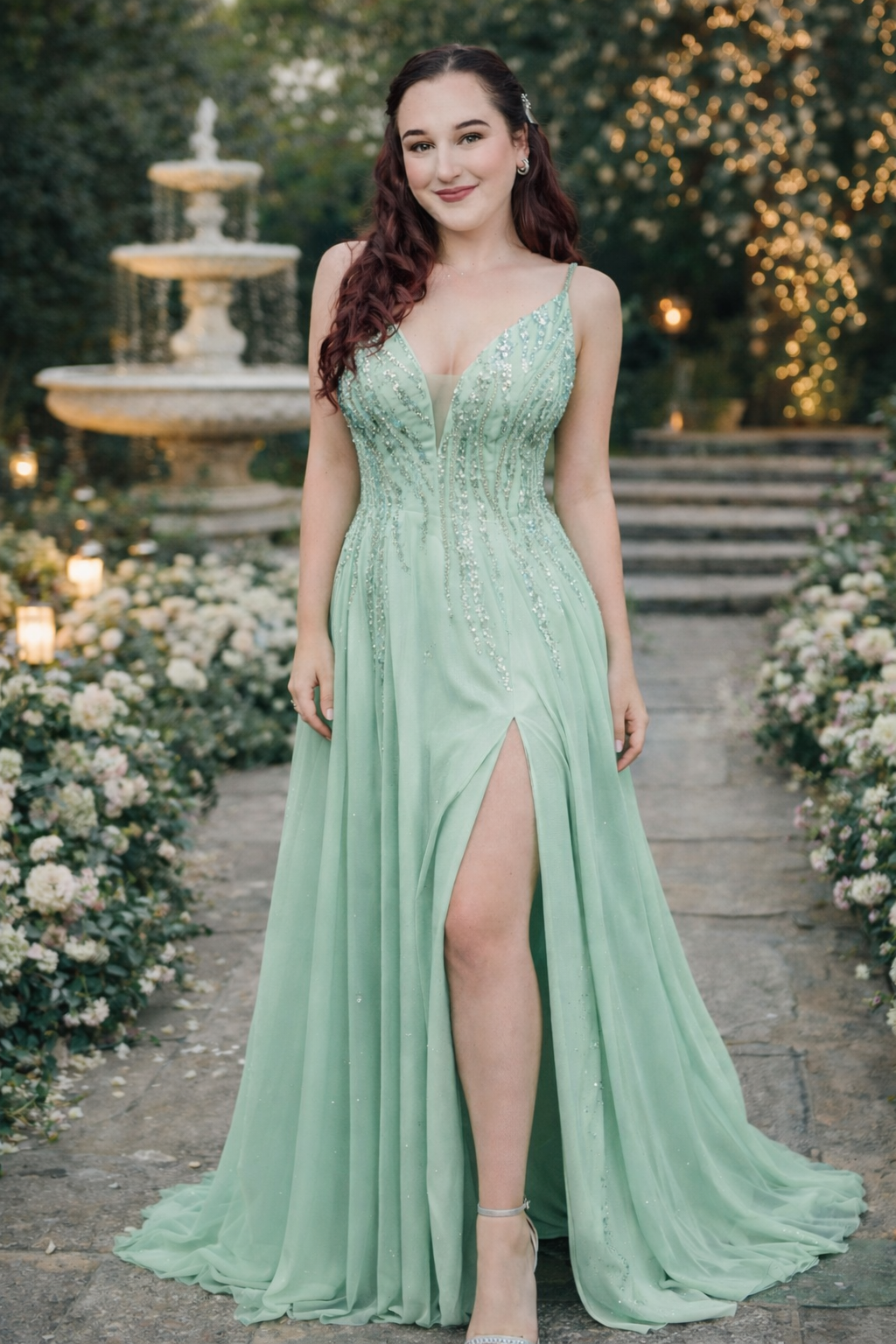 Mint Green A Line Dress With Glitter Sequined Bodice