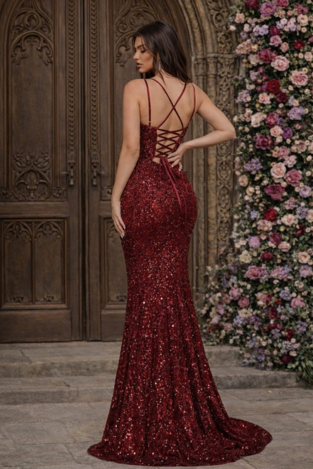 Red Sequence Slim Fit With Slit