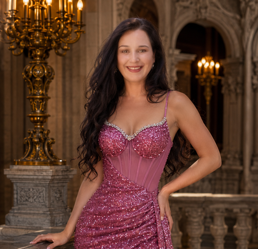 Dusty pink sequence with corset bodice and slit.