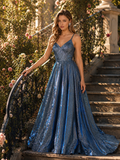Blue A line high shine dreamy dress with low back.