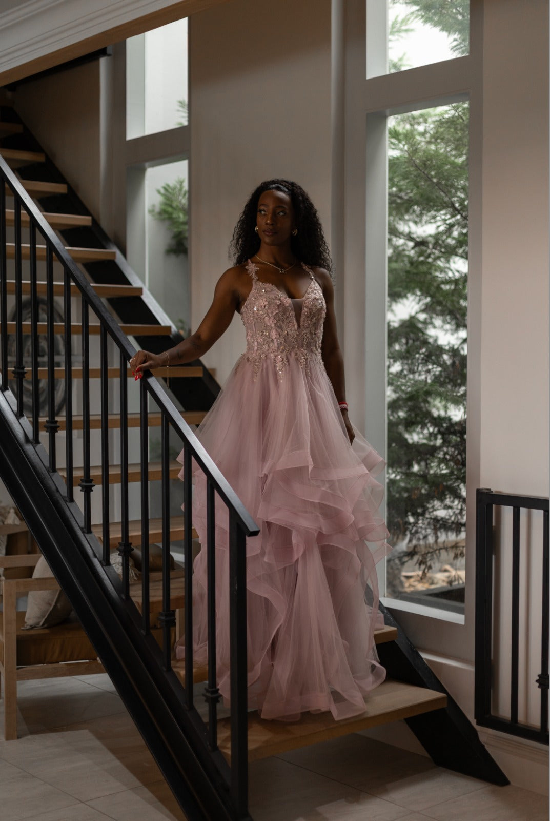 Soft pink layered dress with floral beaded top and lace up back.