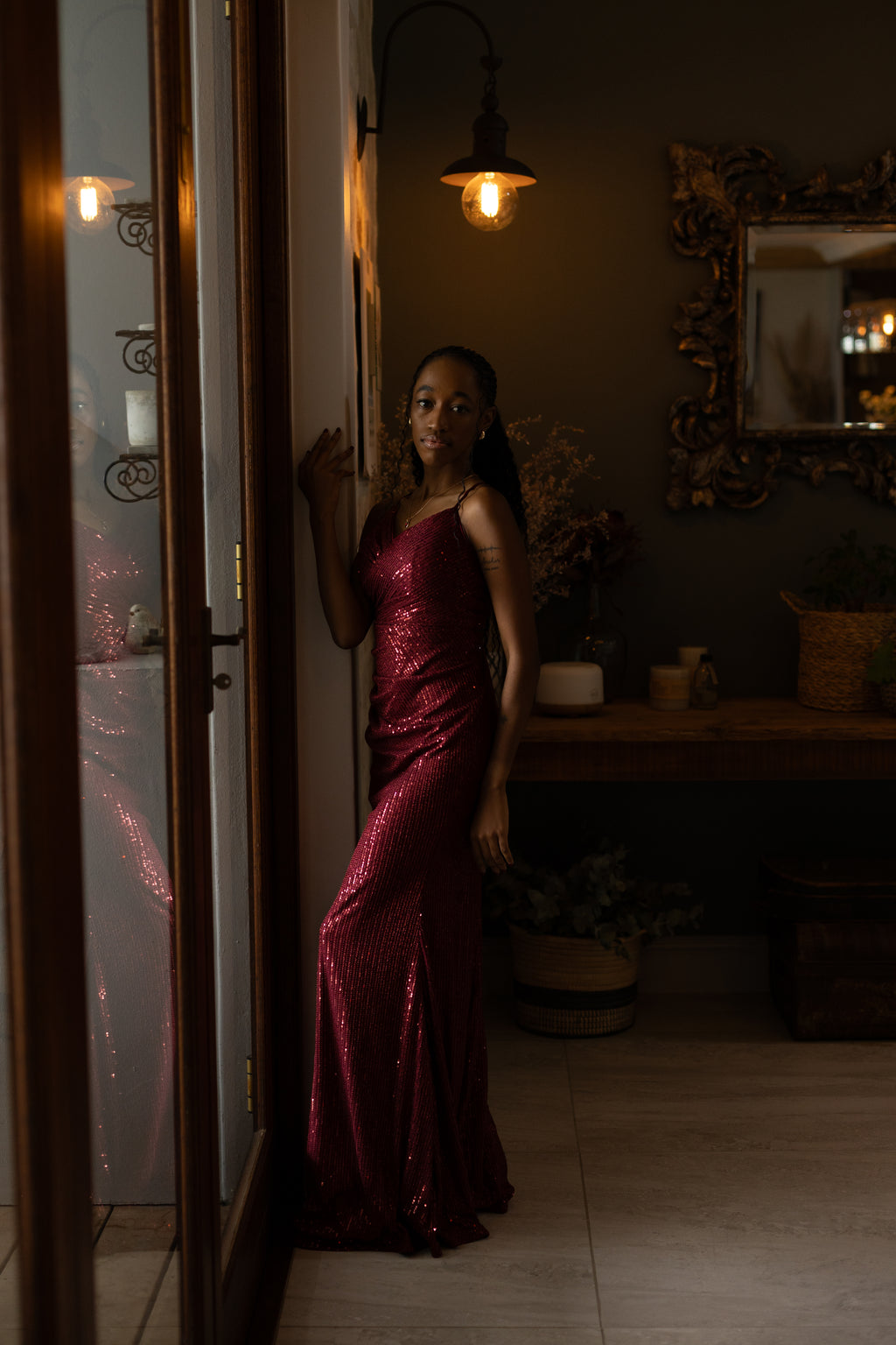 Burgundy Sparkle Sequence Dress Lace Up Back