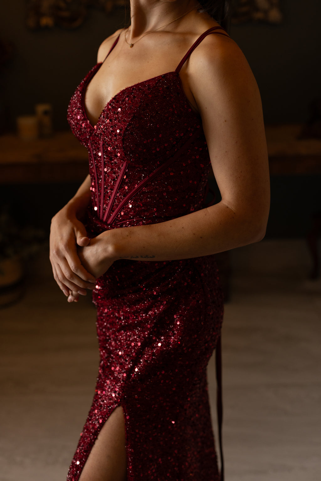 Red Sequence Slim Fit With Slit