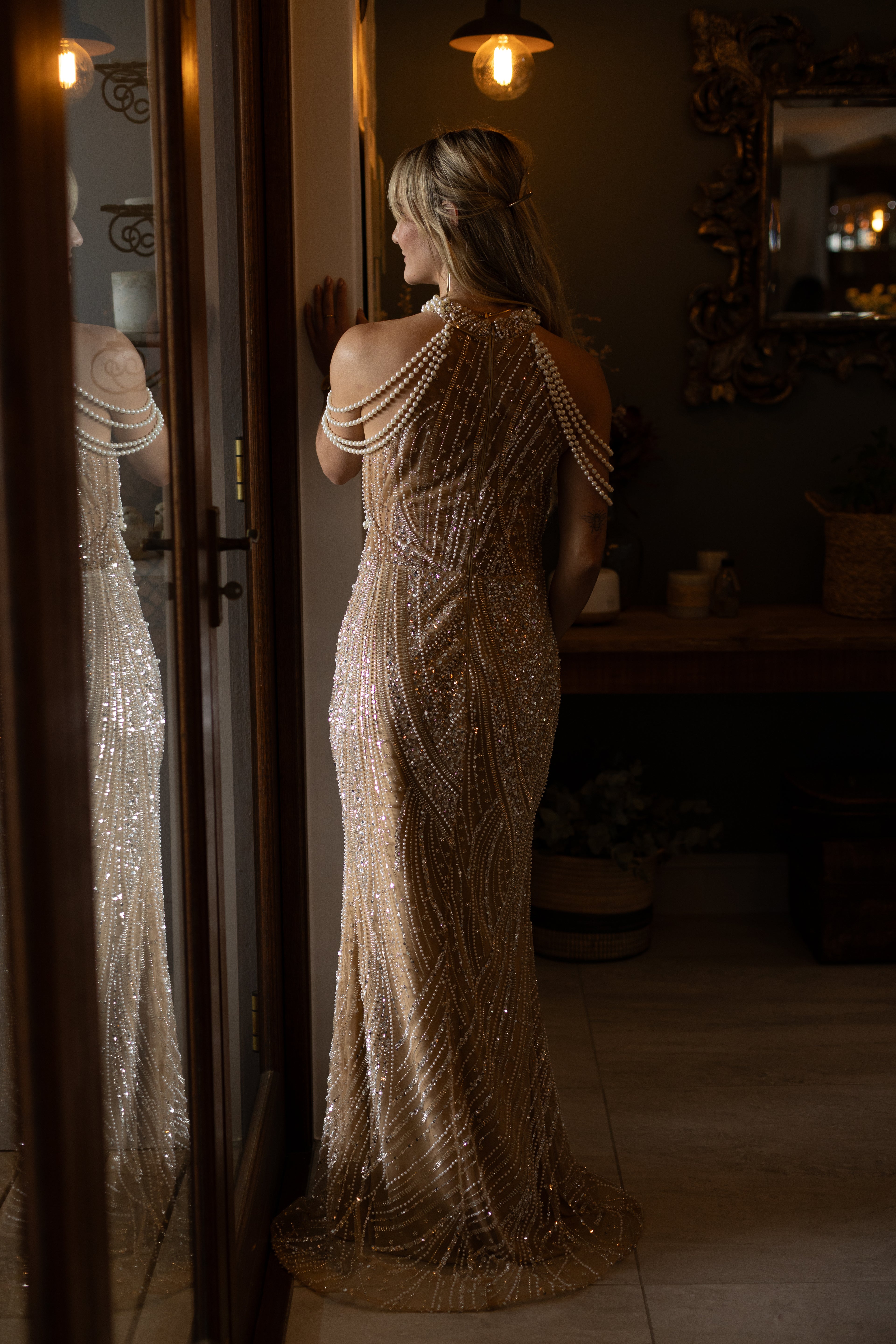 Champaigne Beaded Slim Fit Dress With Pearls