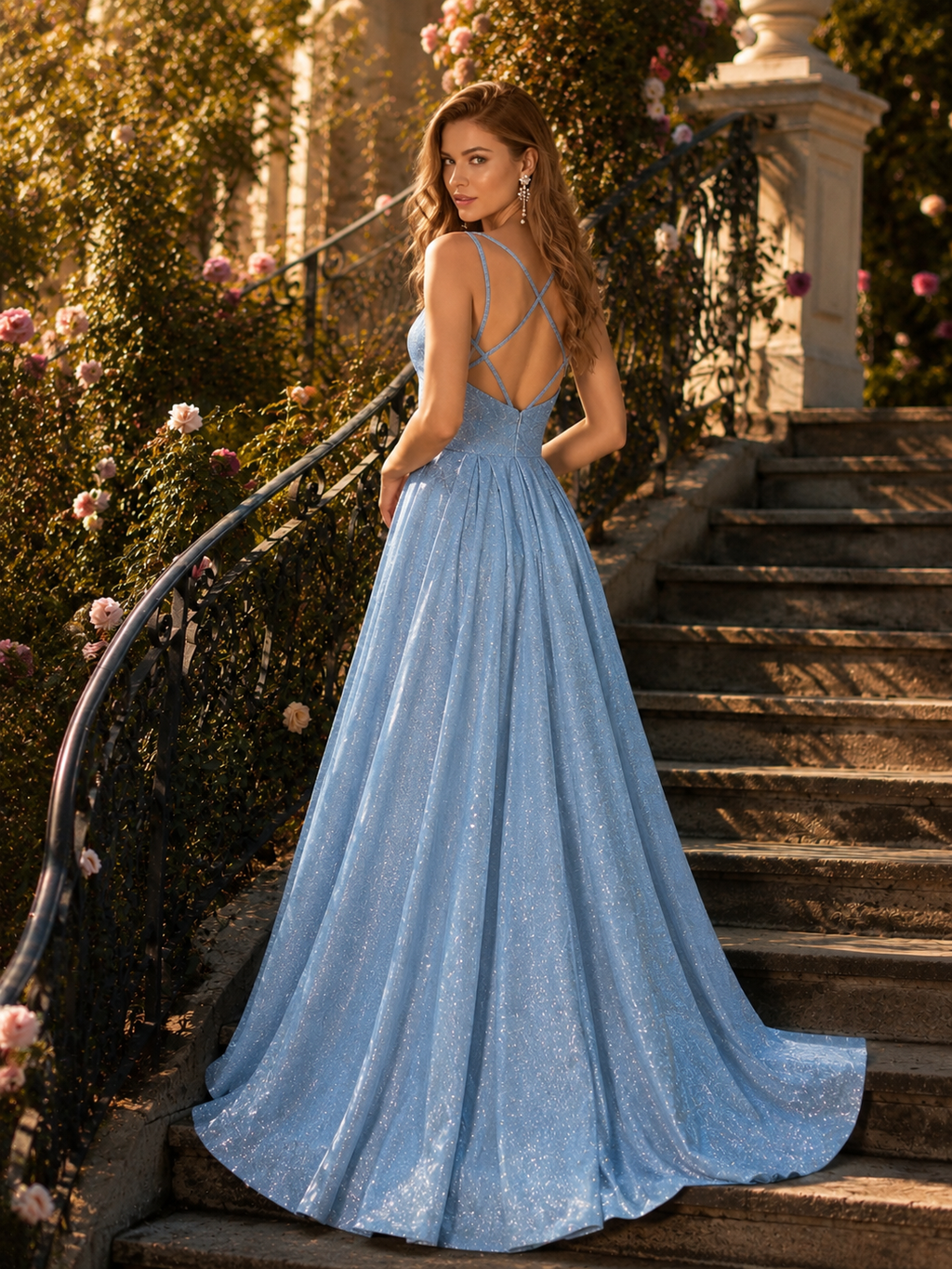 Blue A line high shine dreamy dress with low back.