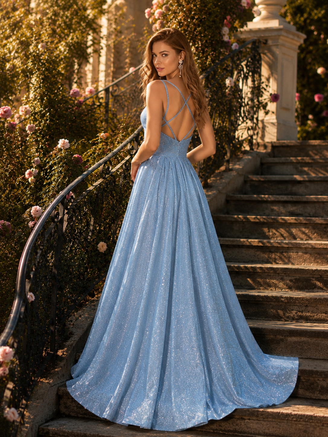 Blue A line high shine dreamy dress with low back.