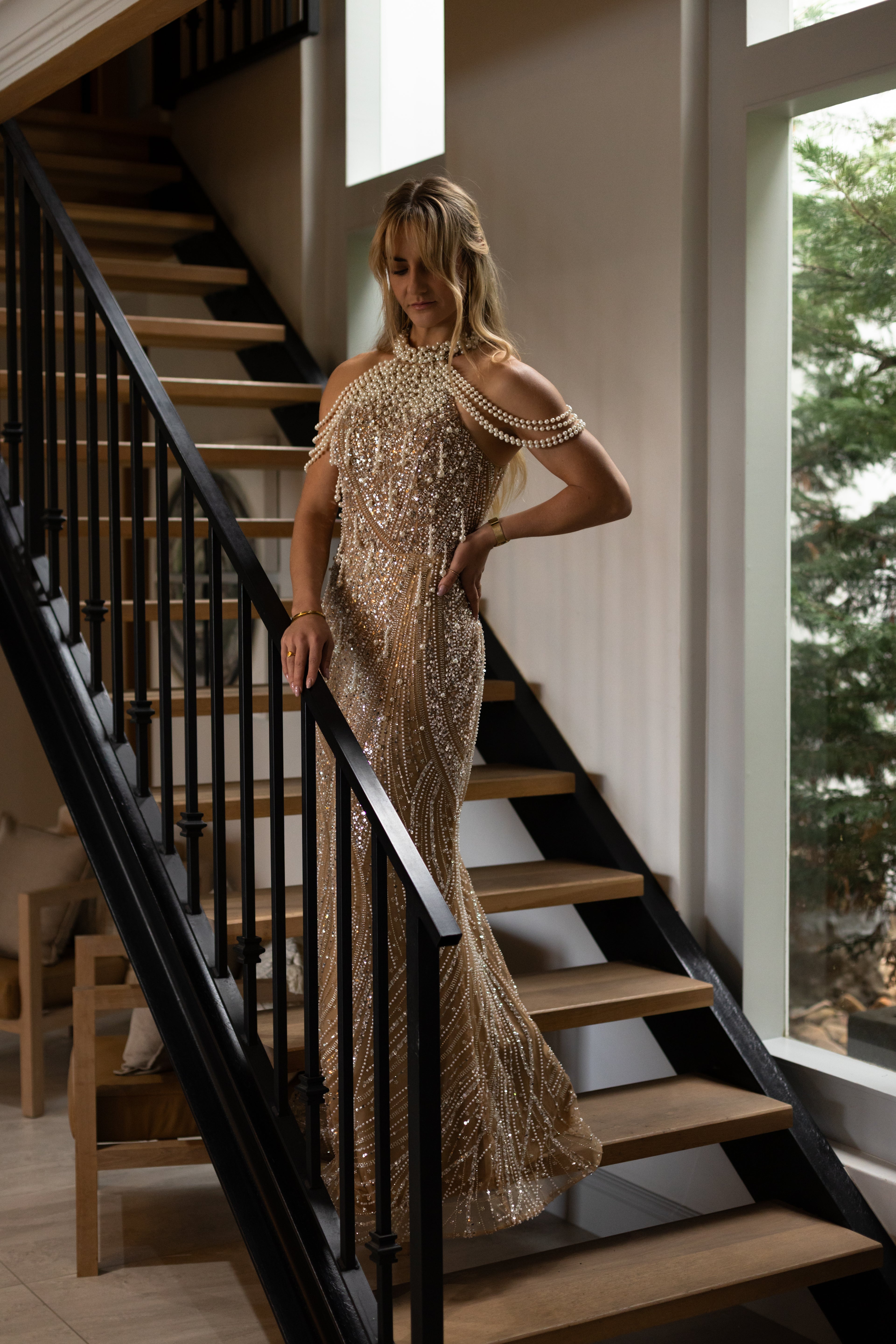 Champaigne Beaded Slim Fit Dress With Pearls