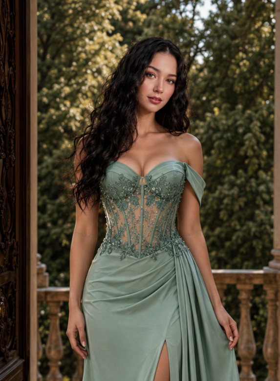 Light green satin off shoulder with lace/corset bodice.