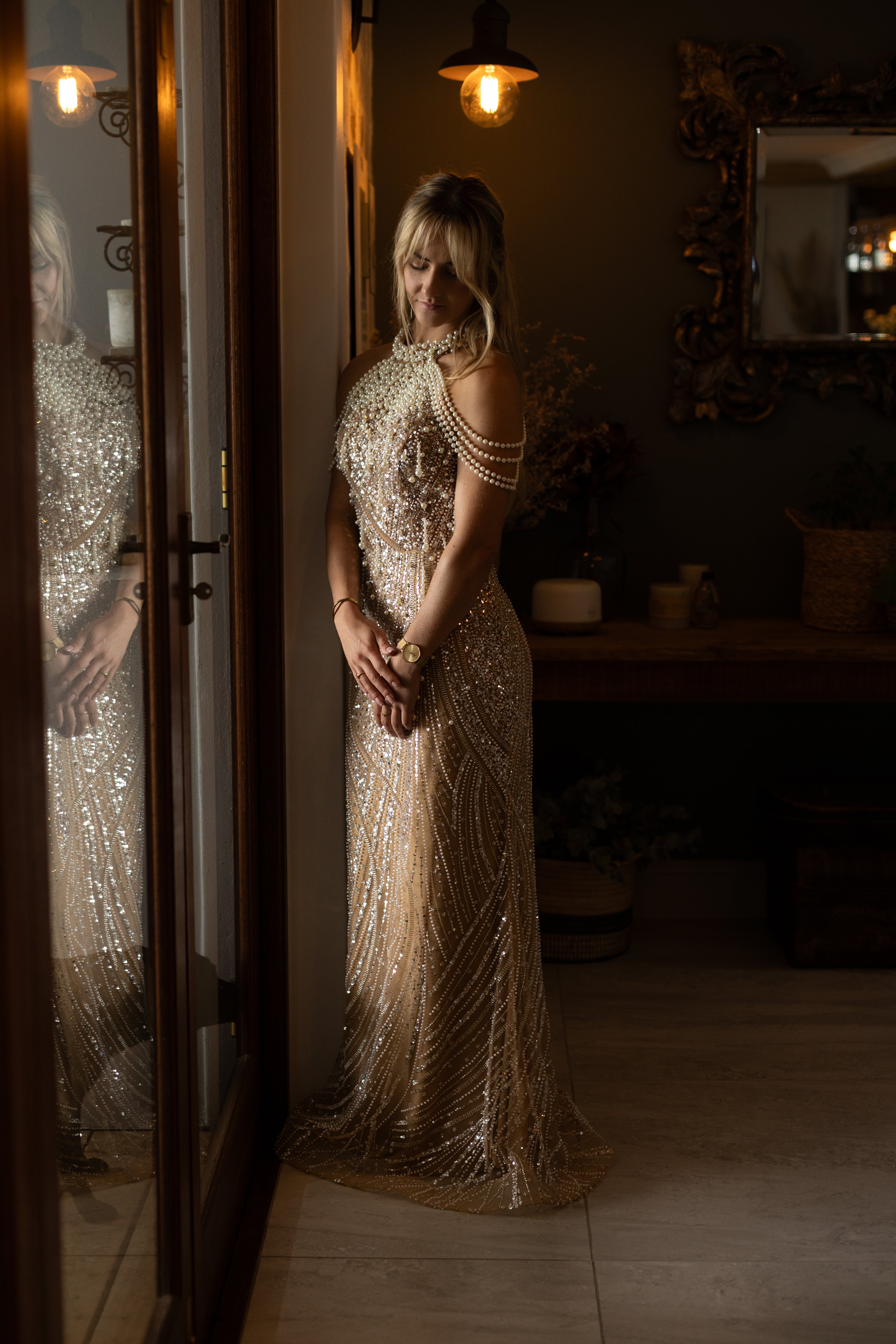 Champaigne Beaded Slim Fit Dress With Pearls