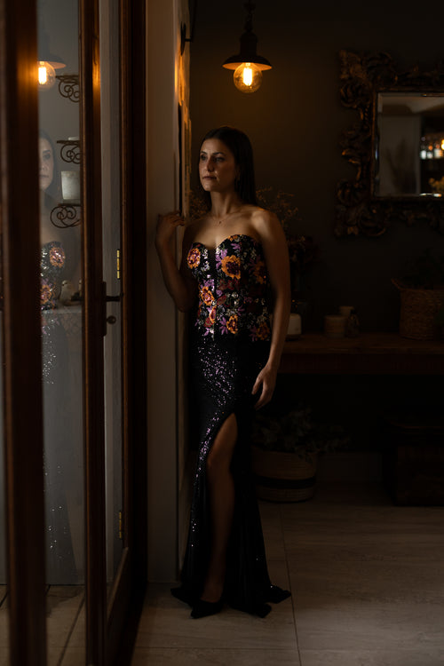 Black Sequence Slim Fit With Floral Bodice