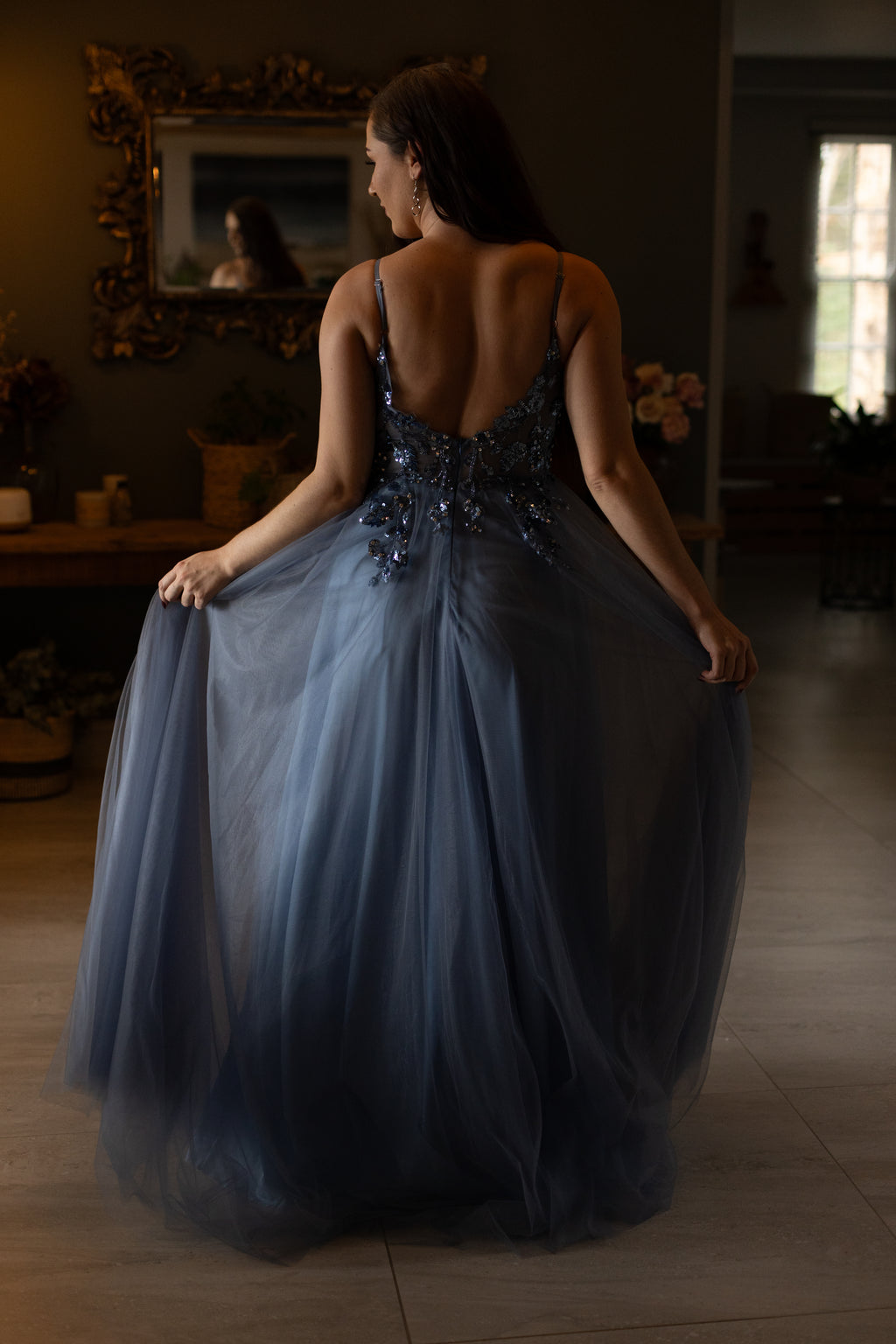 Blue A Line Tulle Dress With Sparkle Bodice