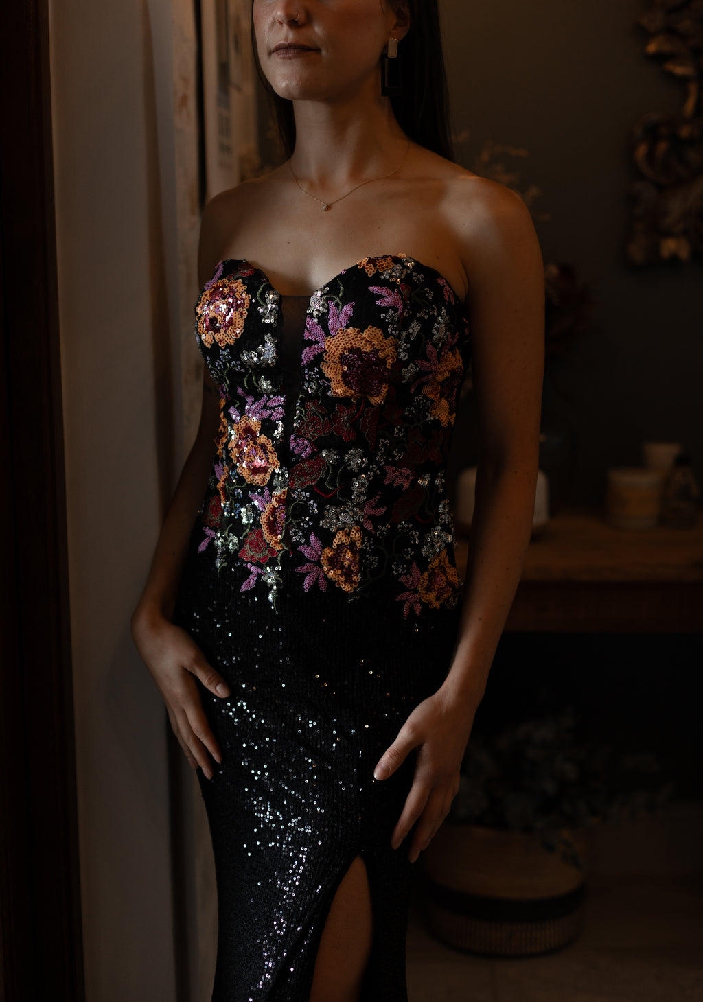 Black Sequence Slim Fit With Floral Bodice