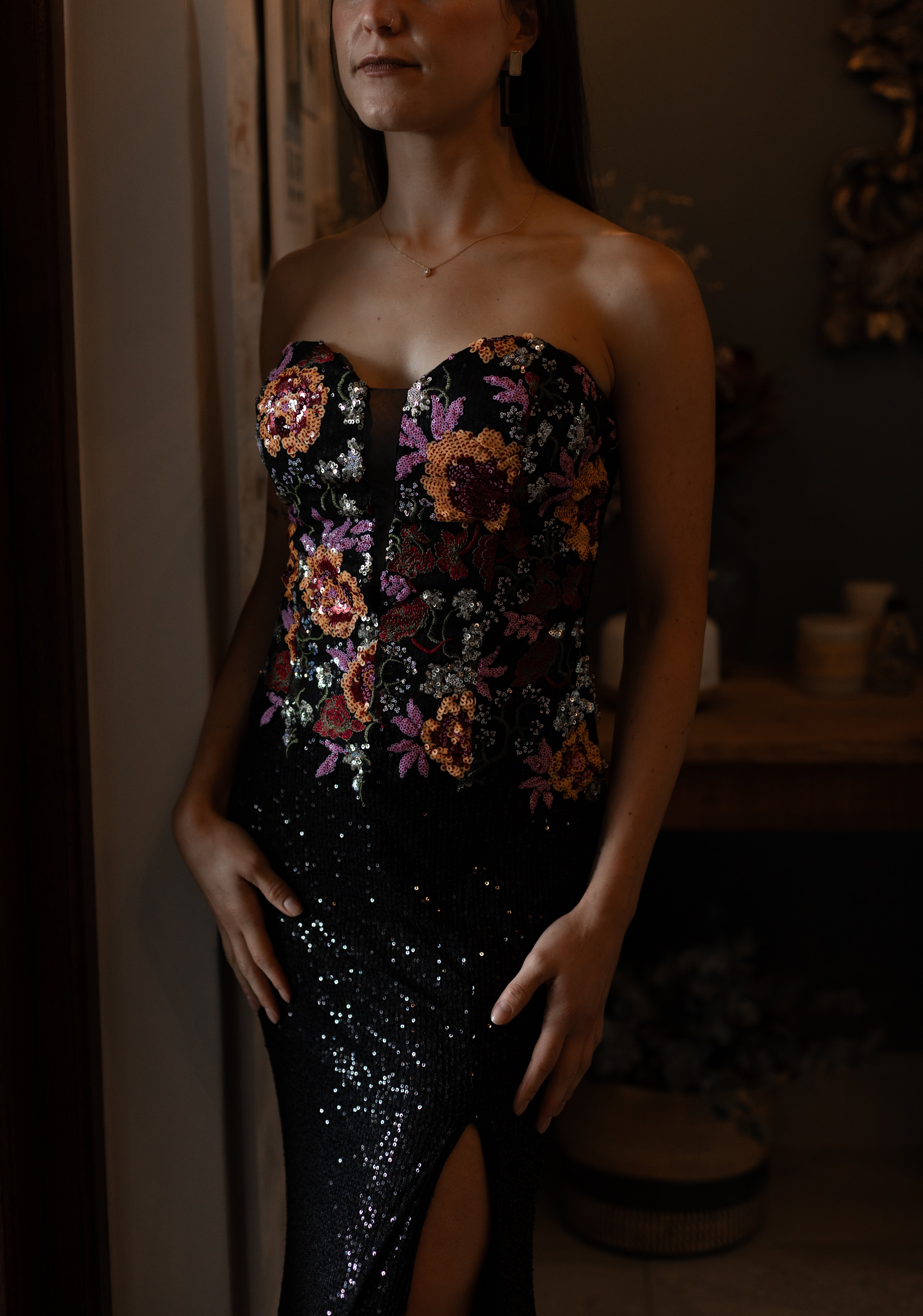 Black Sequence Slim Fit With Floral Bodice