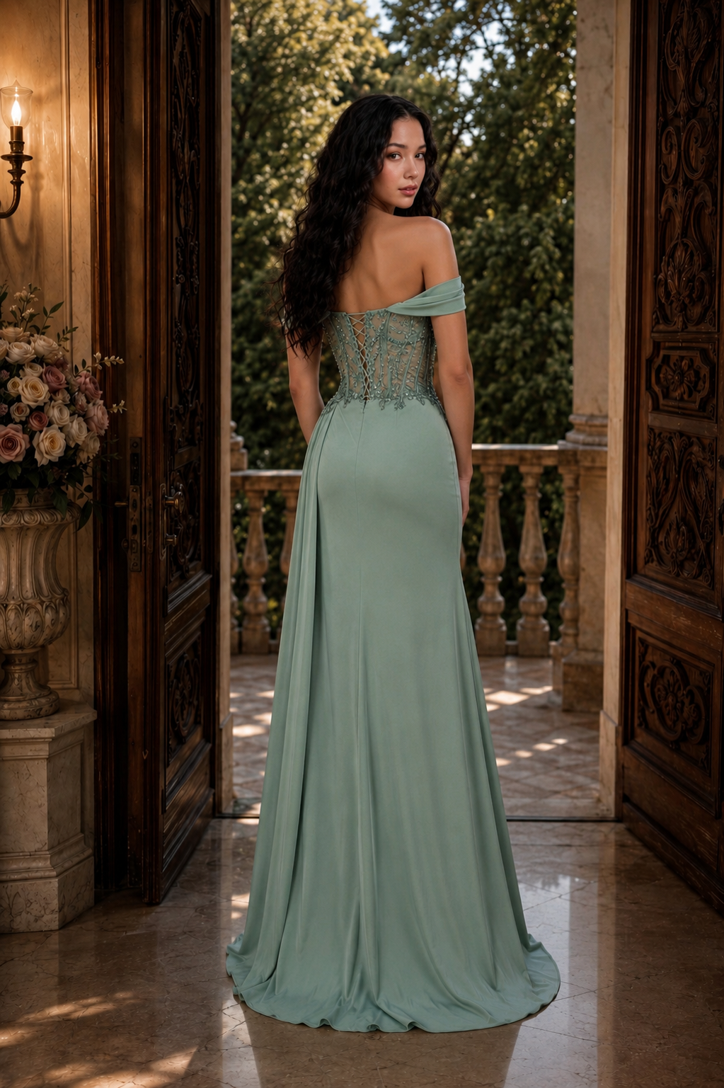 Light green satin off shoulder with lace/corset bodice.