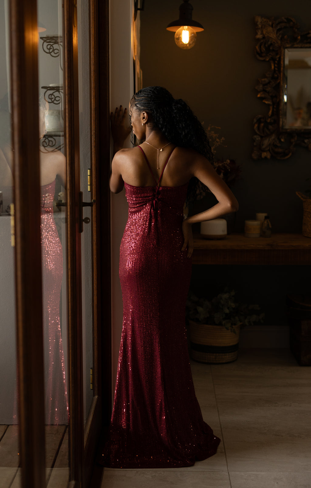 Burgundy Sparkle Sequence Dress Lace Up Back
