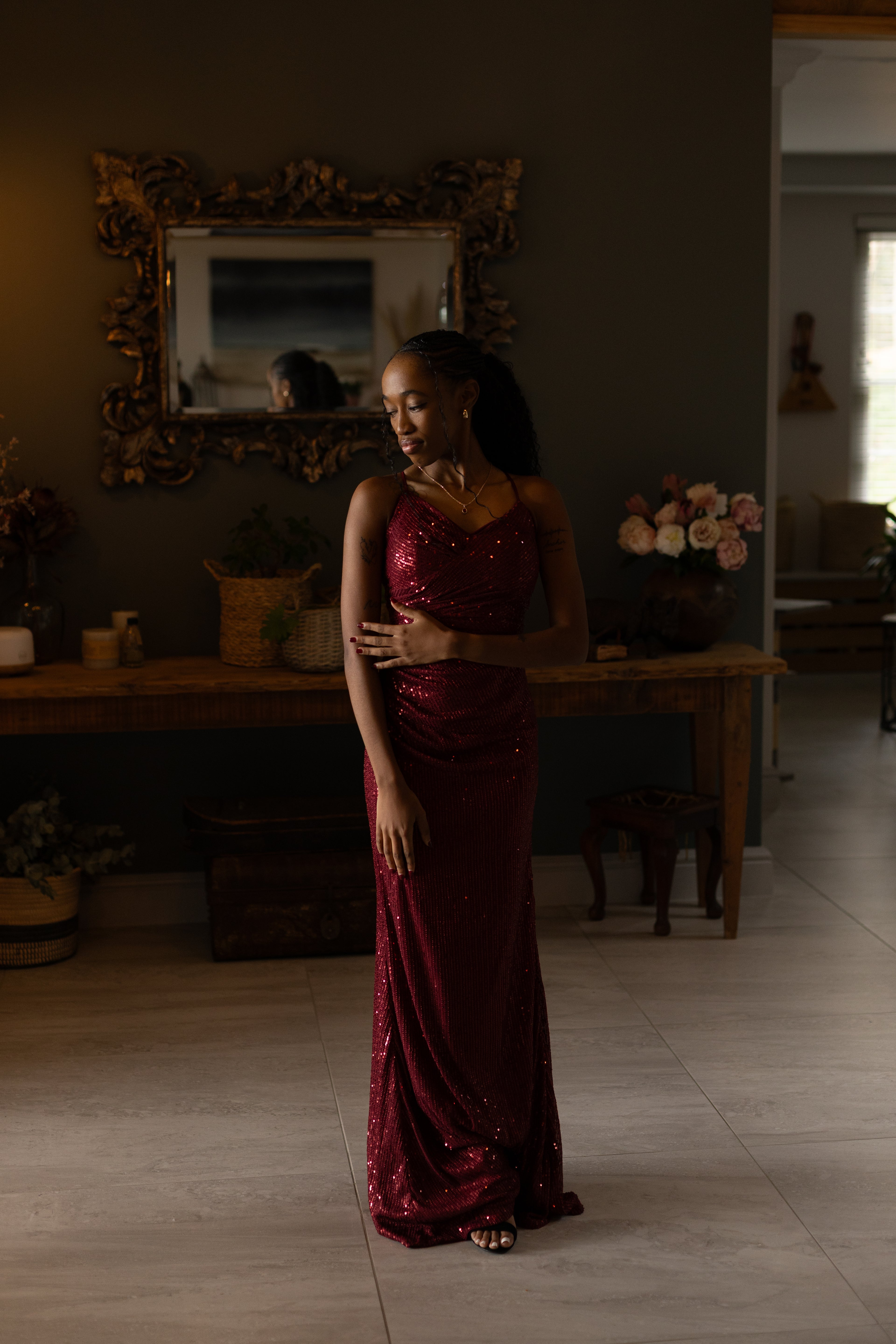 Burgundy Sparkle Sequence Dress Lace Up Back