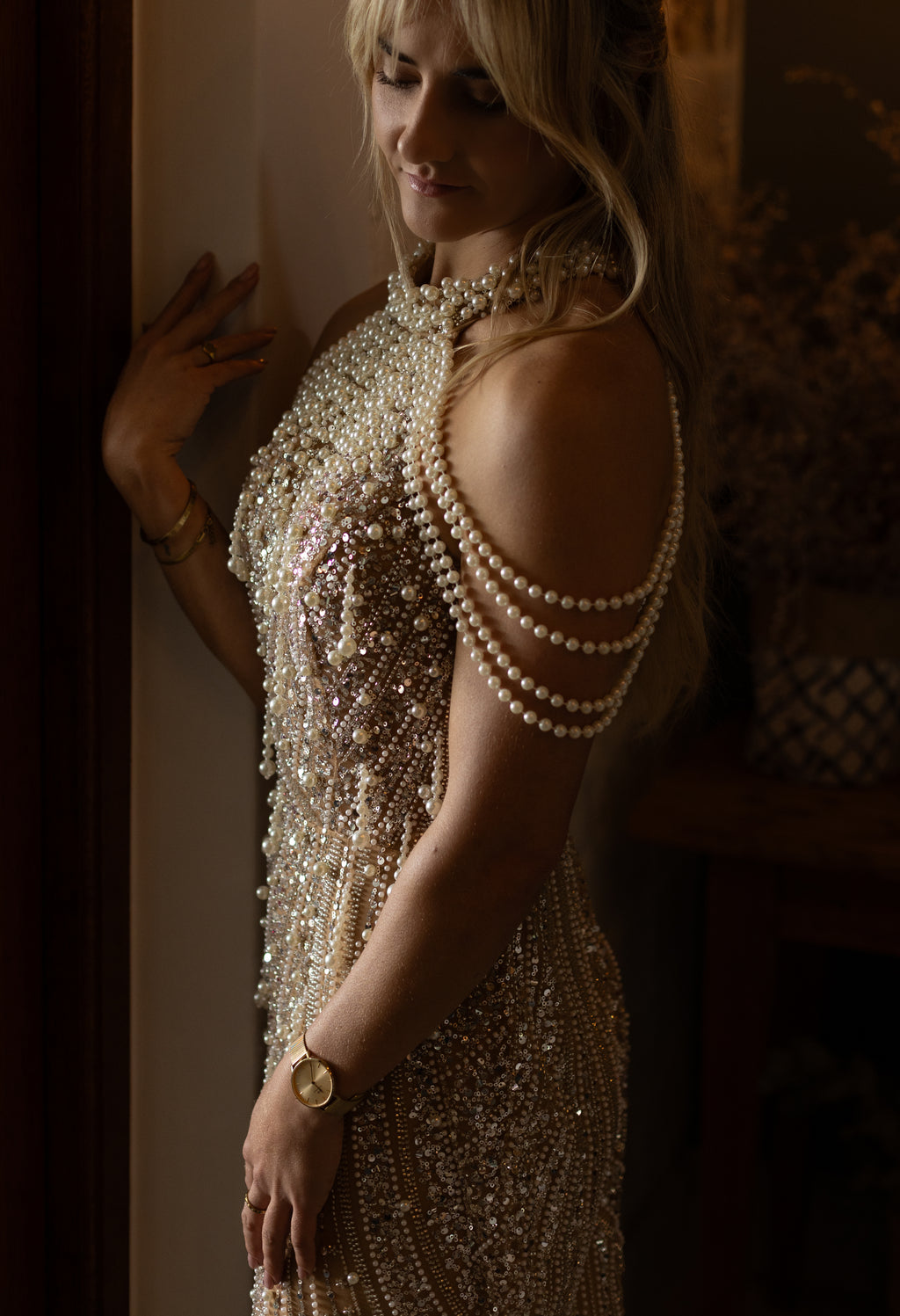 Champaigne Beaded Slim Fit Dress With Pearls