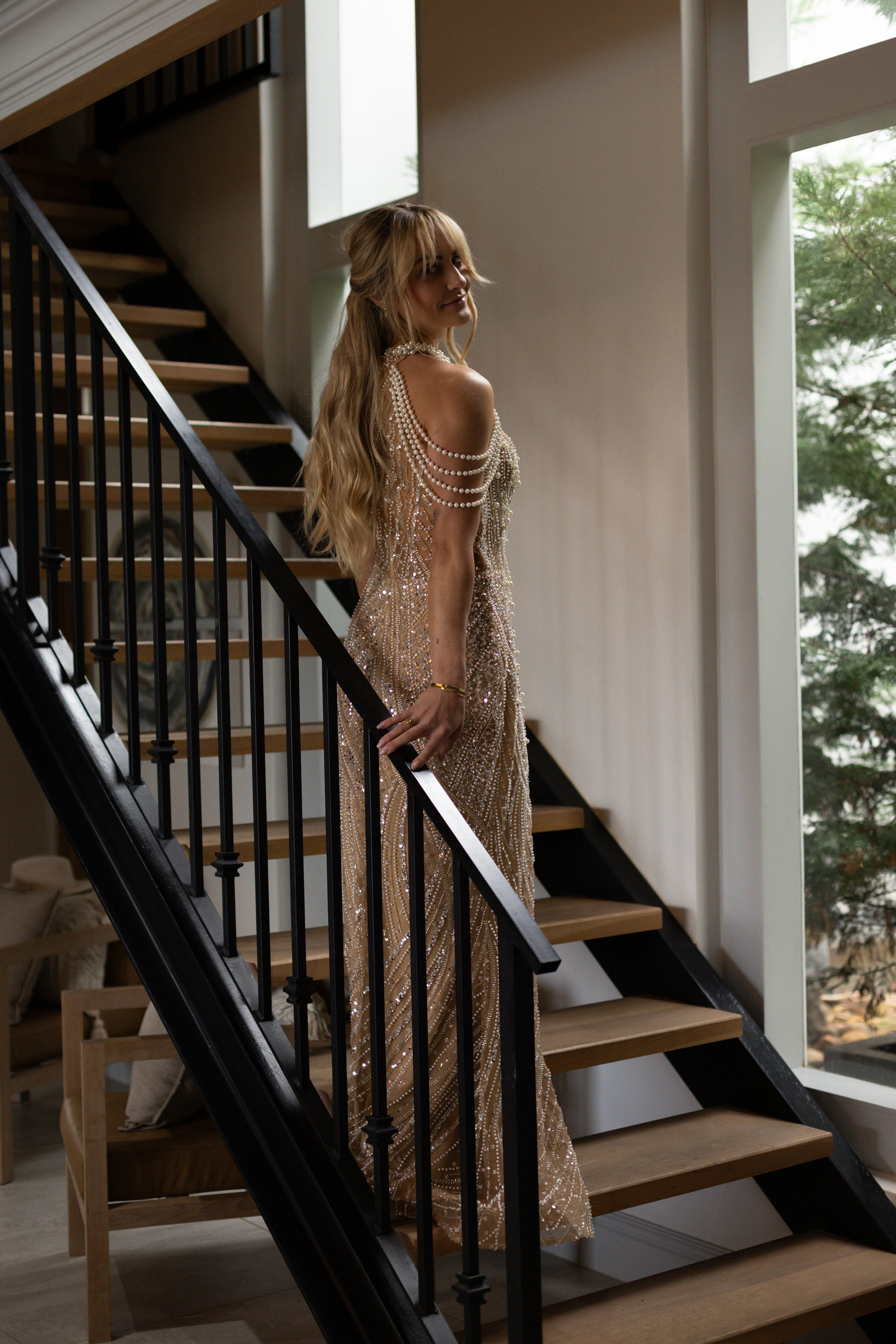 Champaigne Beaded Slim Fit Dress With Pearls