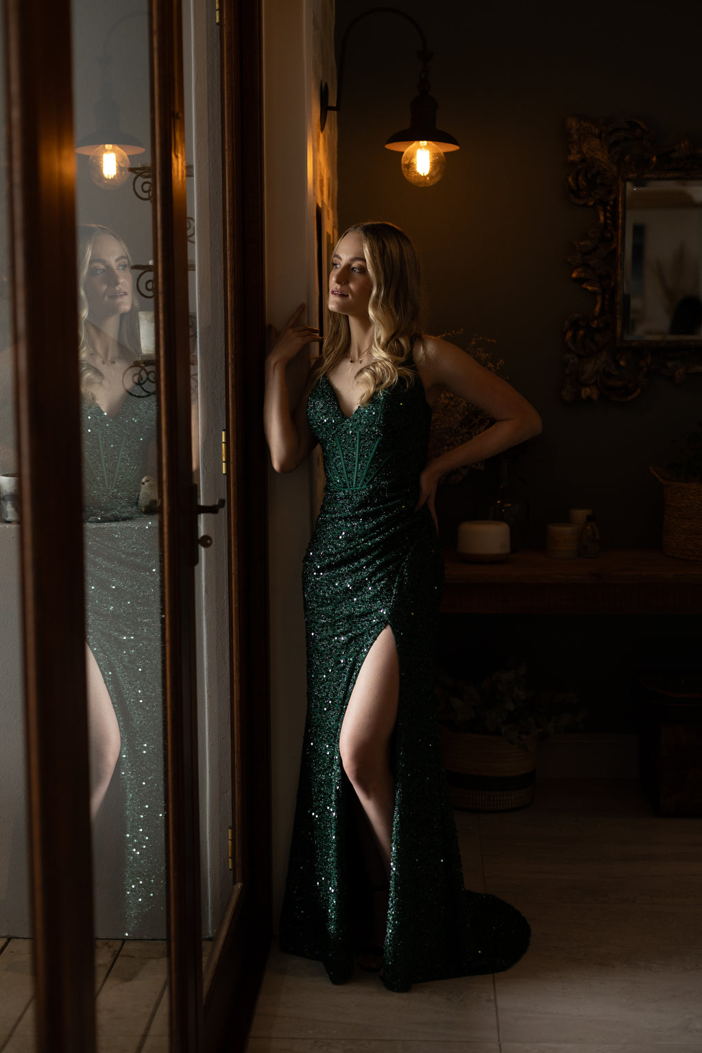 Emerald green sequence sparkle dress with slit and lace up back