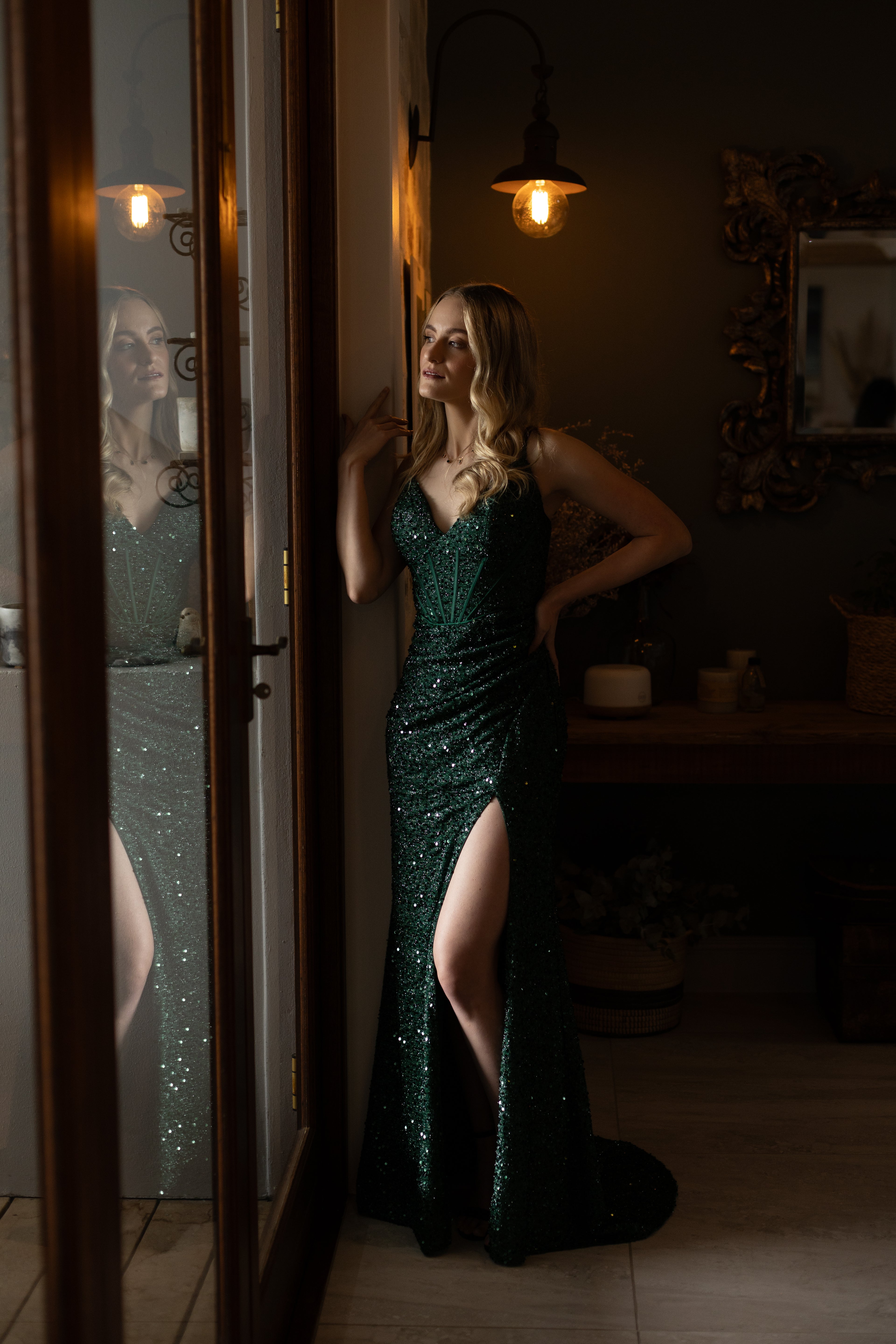 Emerald green sequence sparkle dress with slit and lace up back