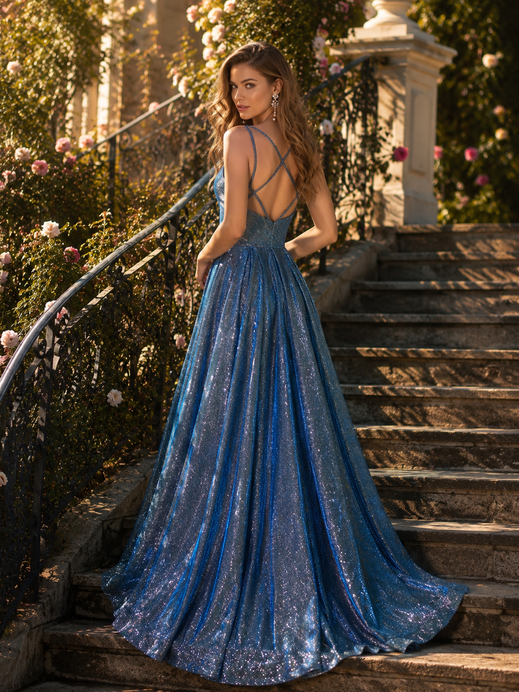 Blue A line high shine dreamy dress with low back.
