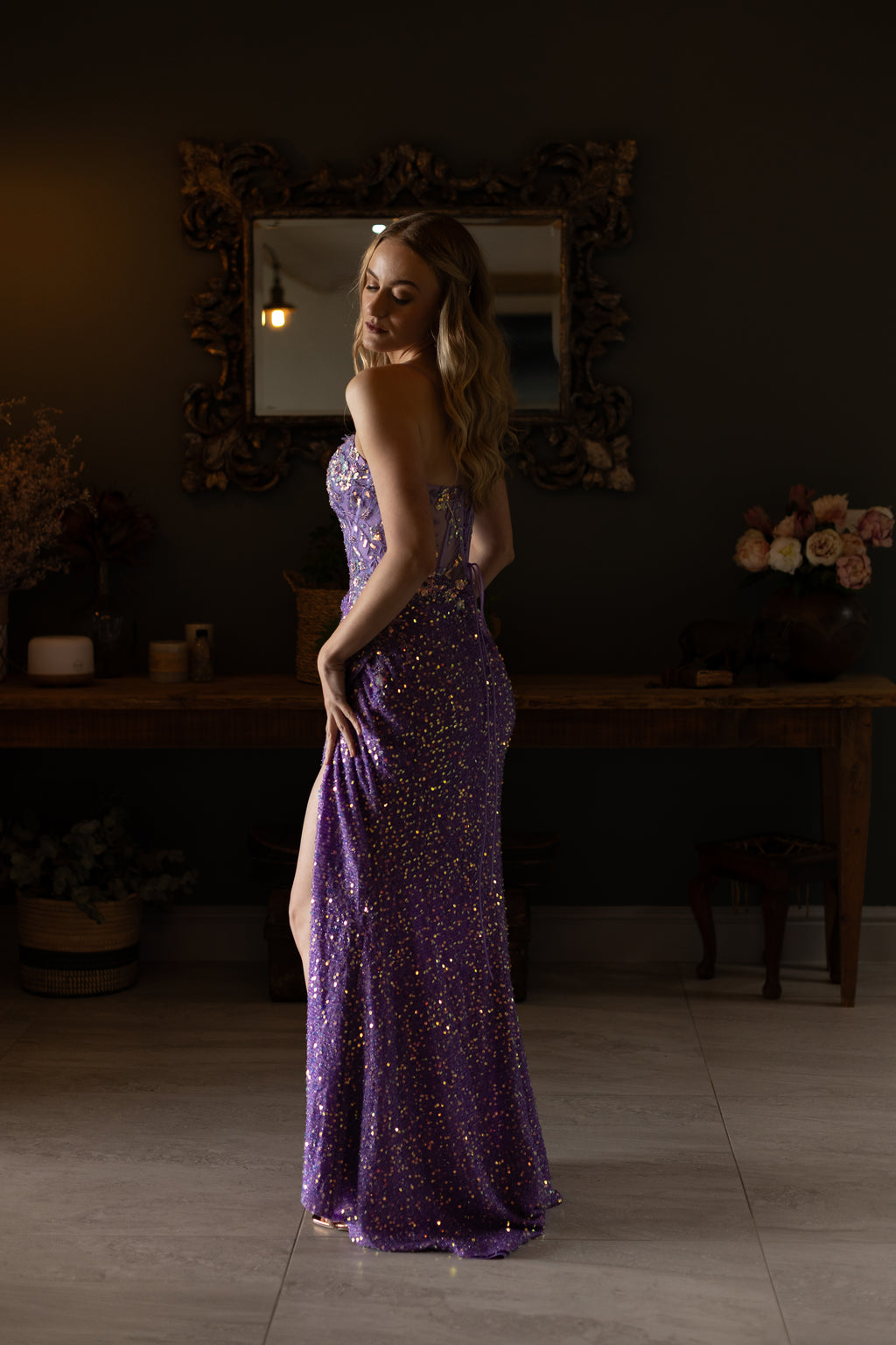 Lilac Sequence Slim Fit With Floral Bodice and Slit