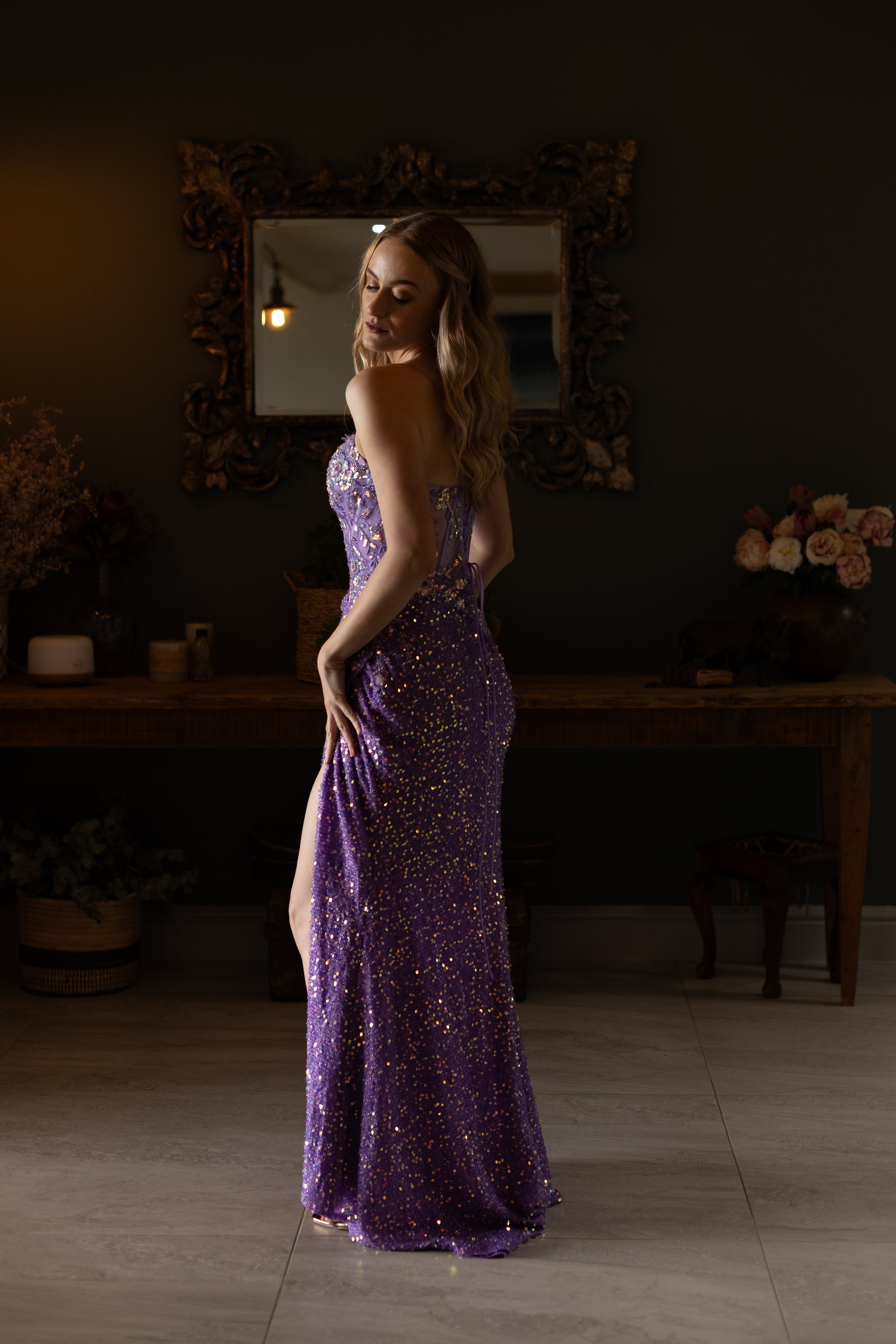 Lilac Sequence Slim Fit With Floral Bodice and Slit