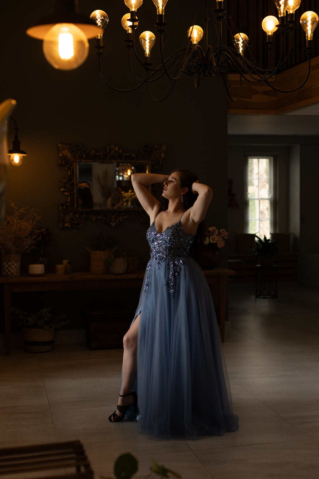Blue A Line Tulle Dress With Sparkle Bodice