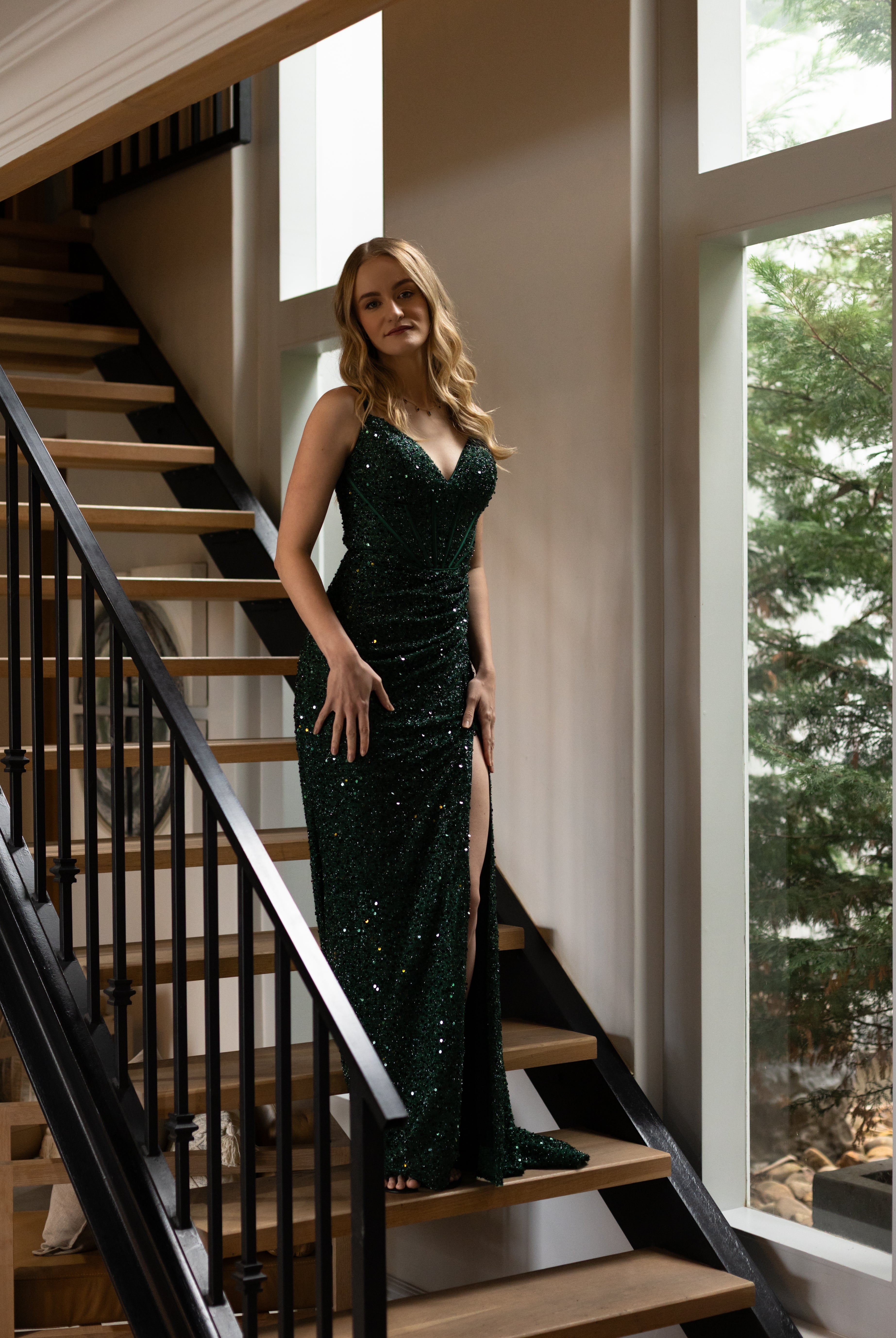 Emerald green sequence sparkle dress with slit and lace up back