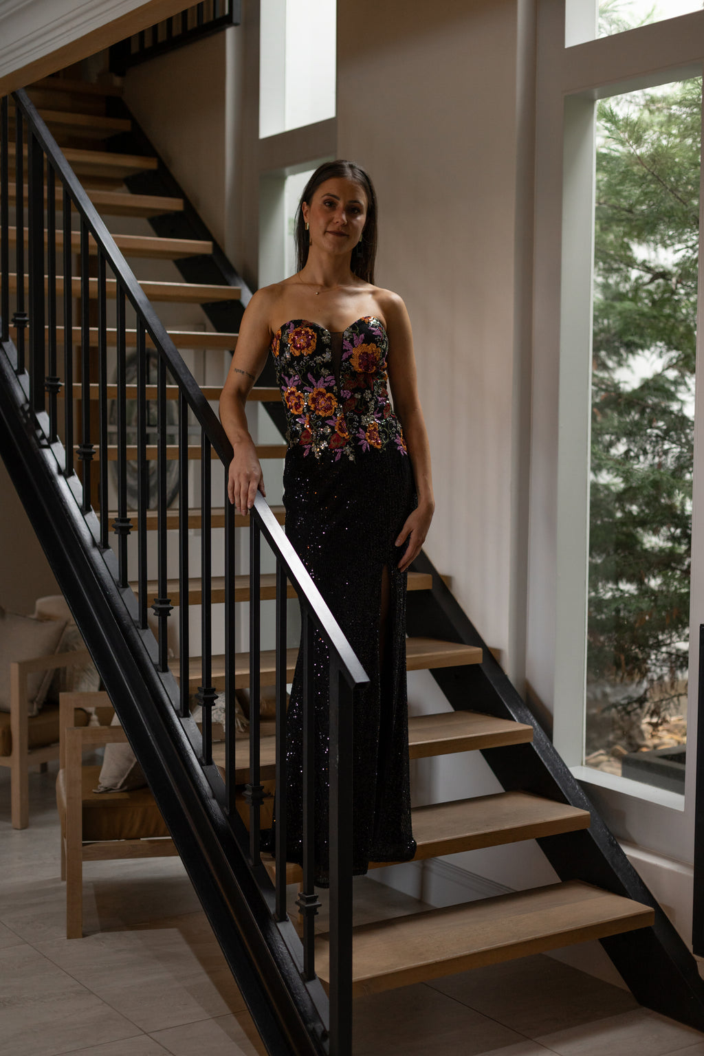 Black Sequence Slim Fit With Floral Bodice