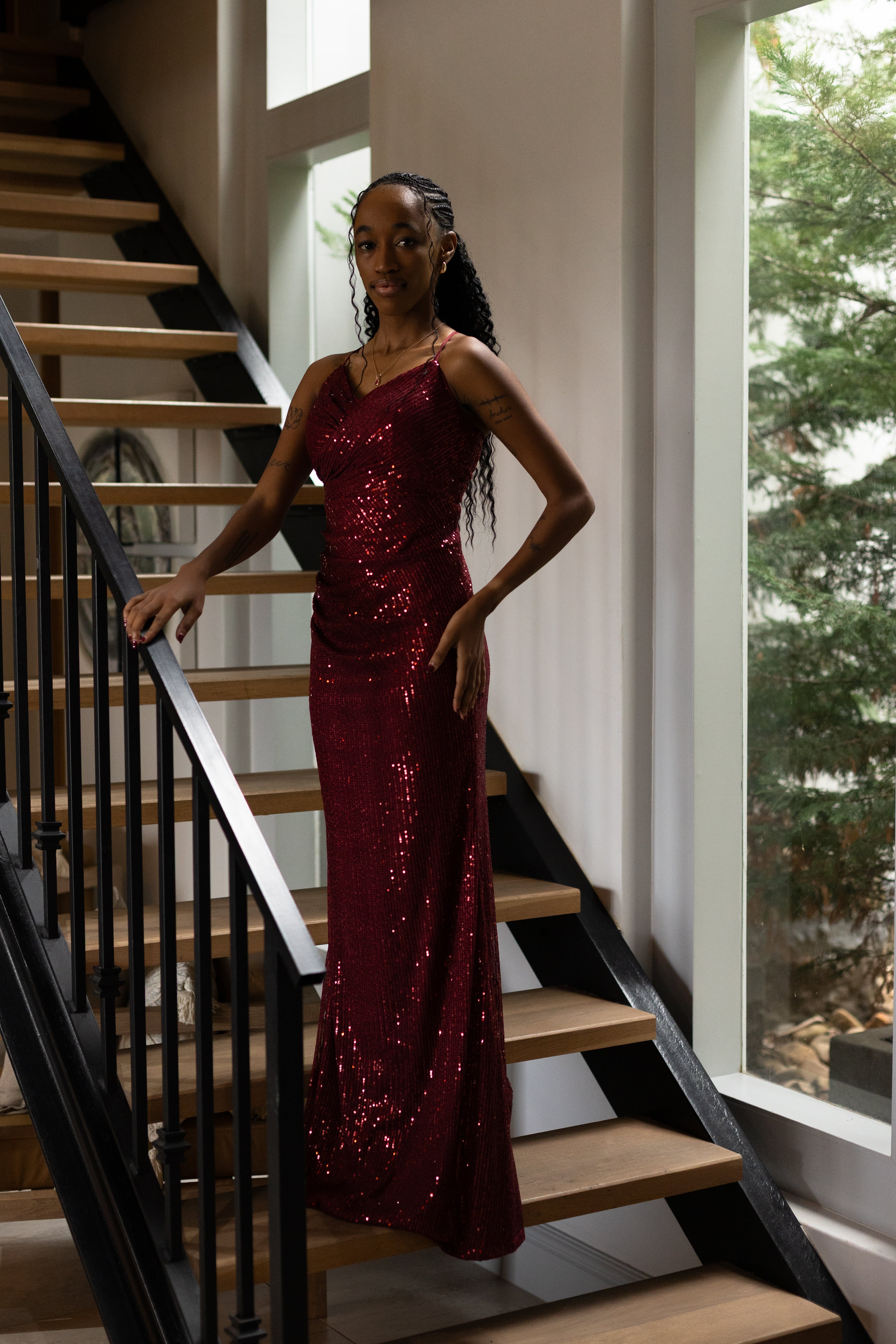 Burgundy Sparkle Sequence Dress Lace Up Back