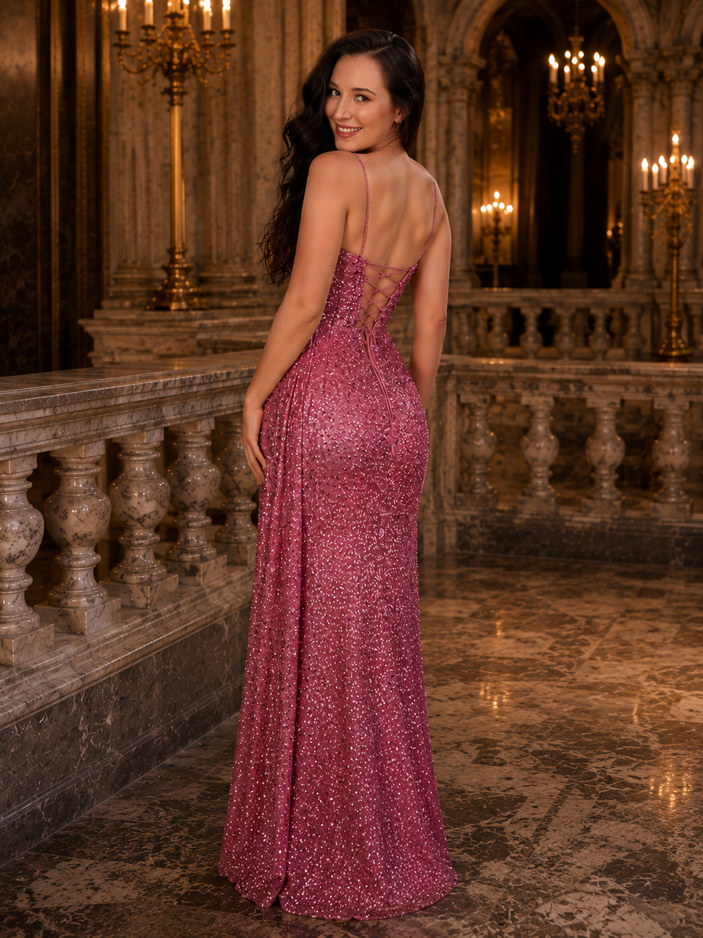 Dusty pink sequence with corset bodice and slit.