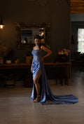 Blue Satin dress with lace and sequence