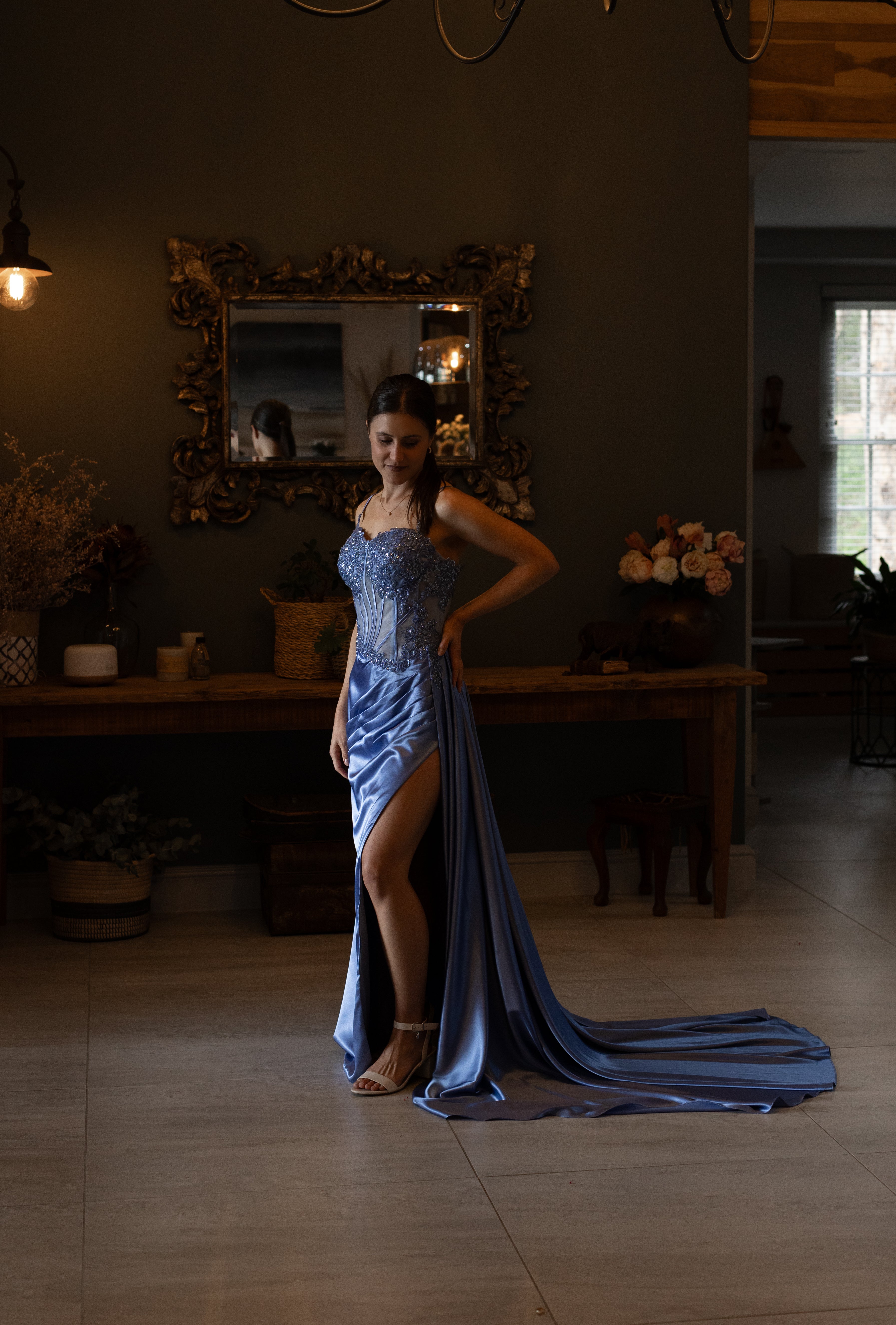 Blue Satin dress with lace and sequence