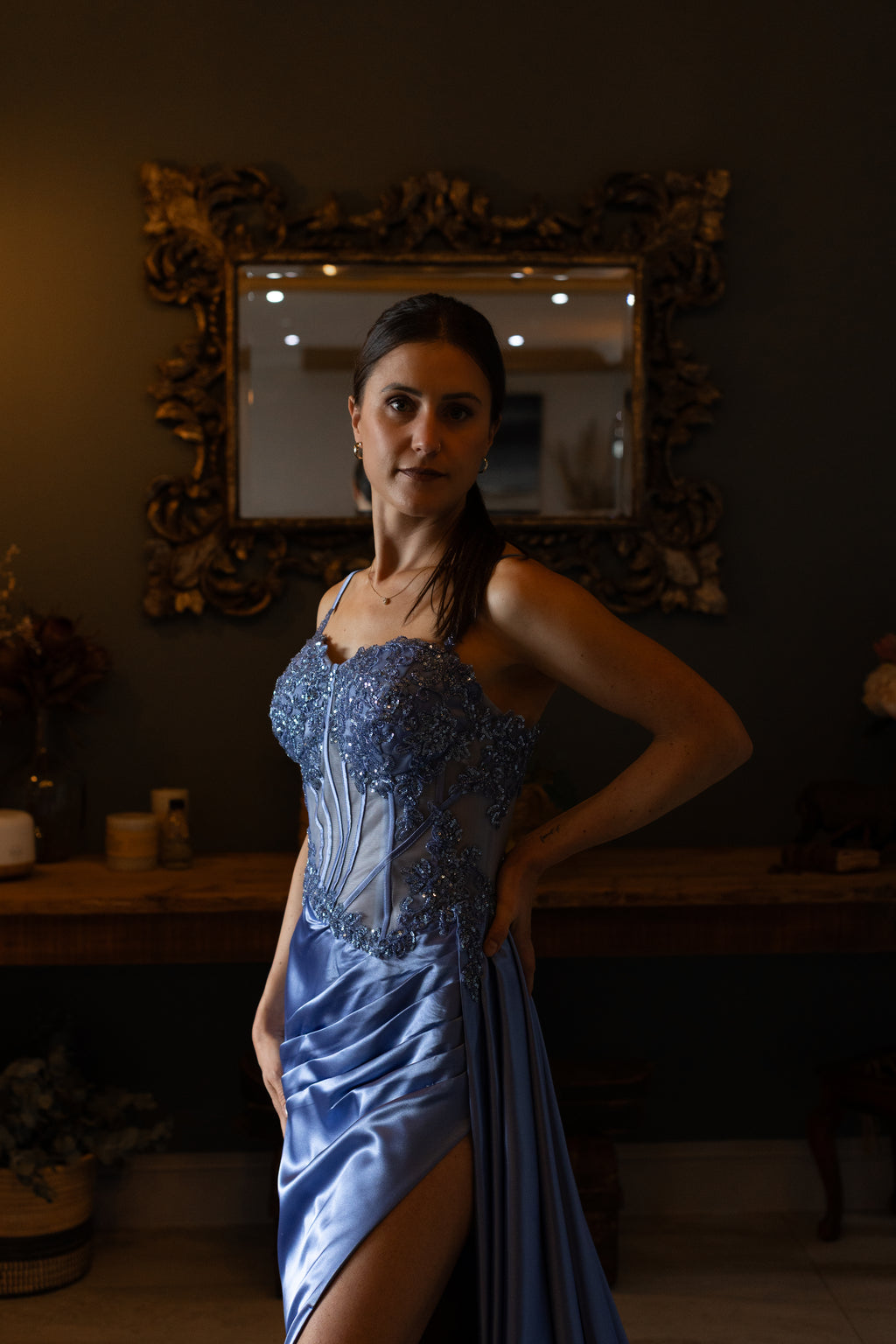 Blue Satin dress with lace and sequence