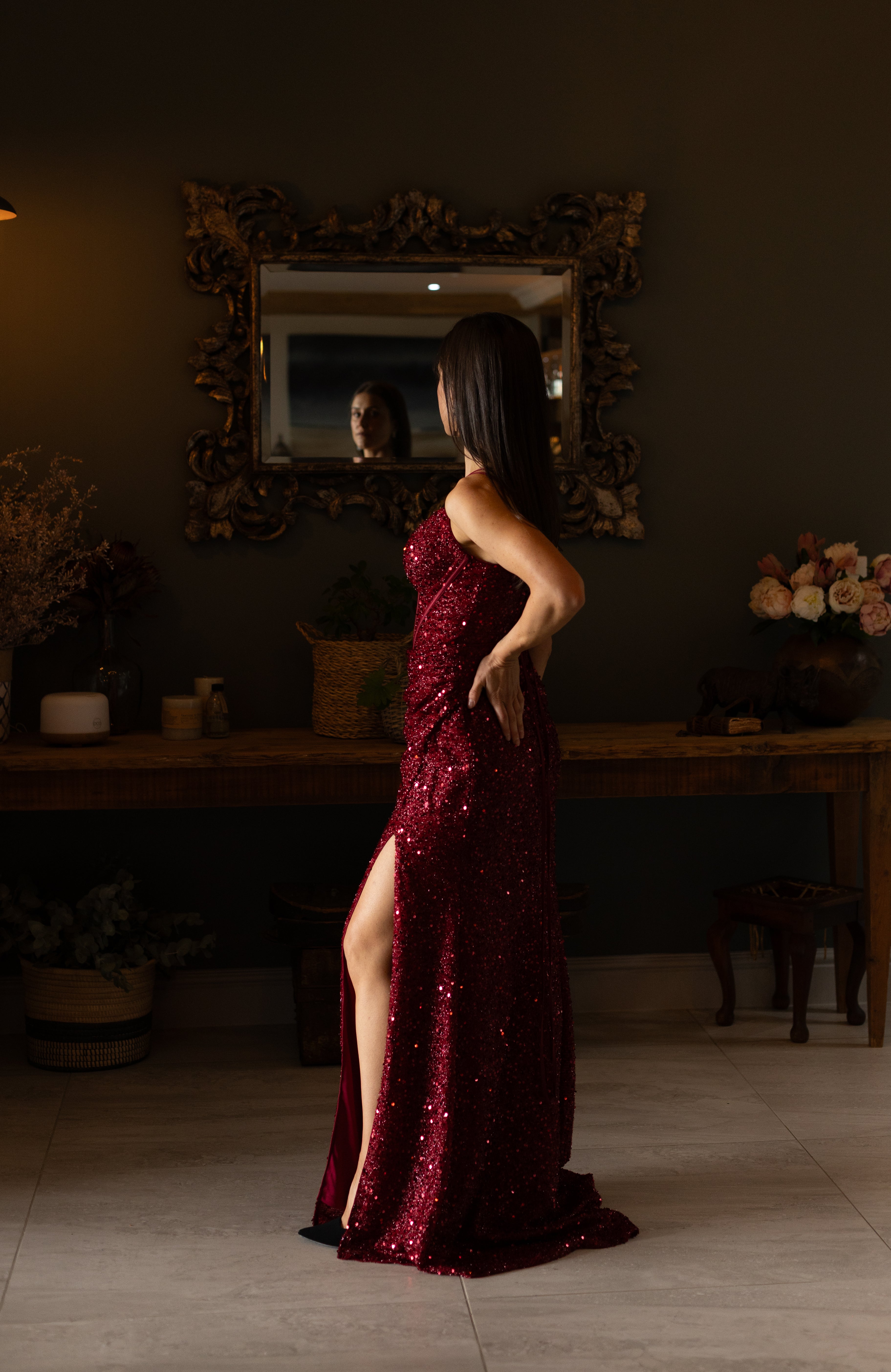 Red Sequence Slim Fit With Slit