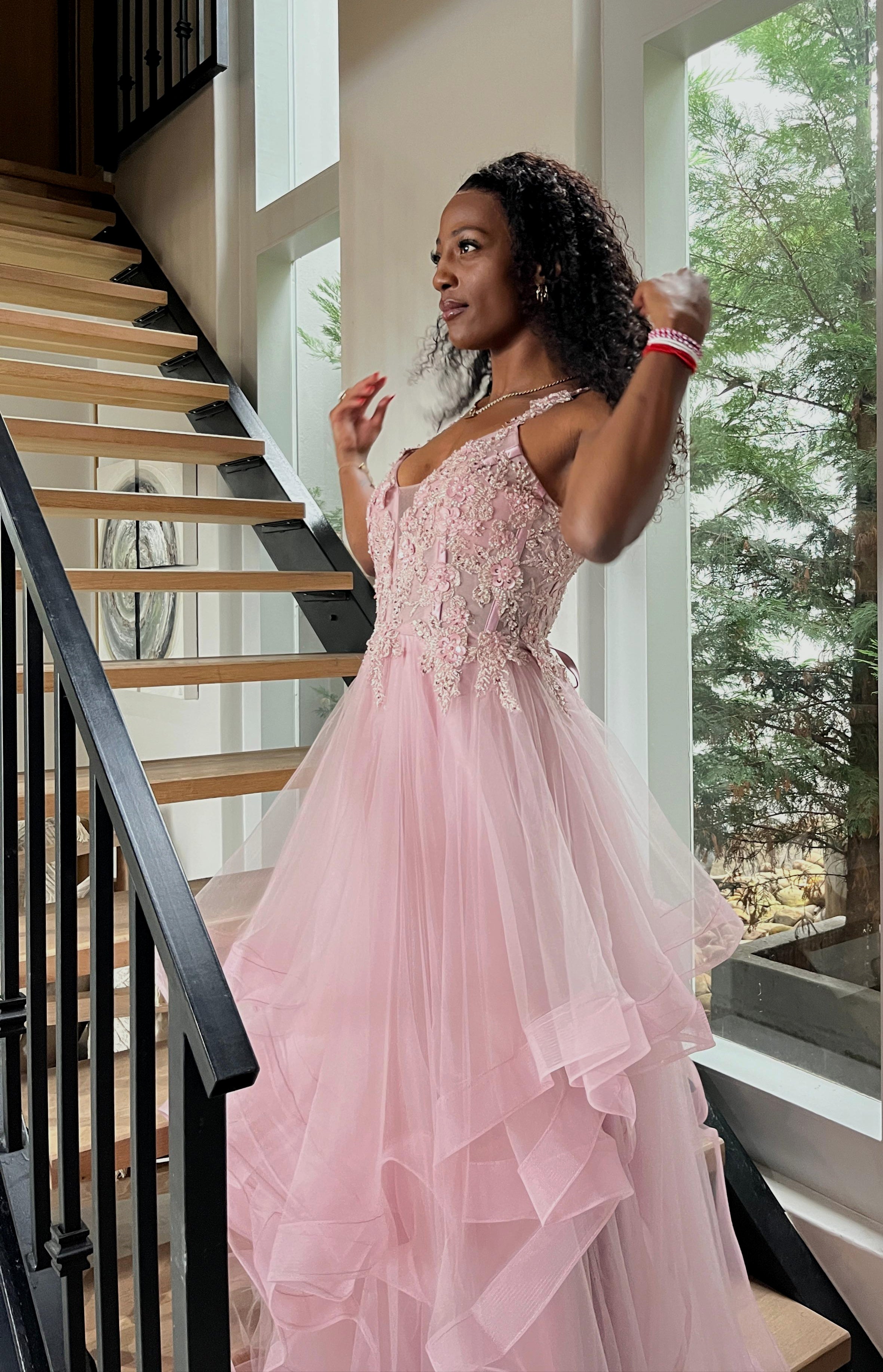 Soft pink layered dress with floral beaded top and lace up back.