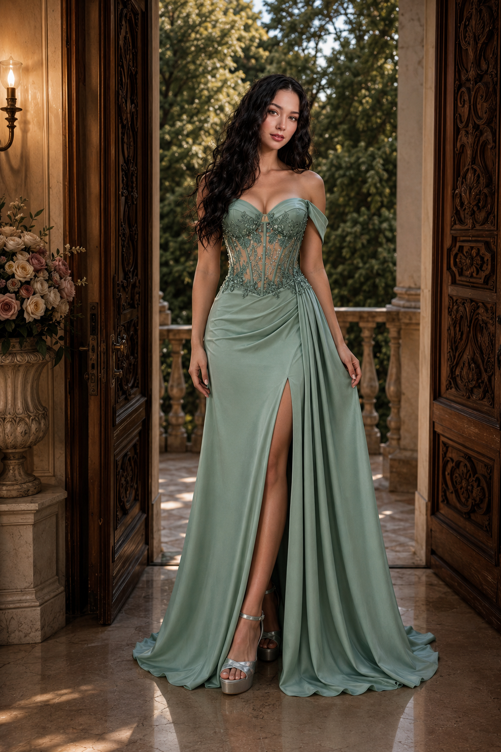 Light green satin off shoulder with lace/corset bodice.